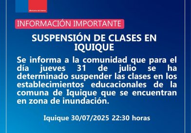 Suspensión Parcial de Clases en Iquique en establecimientos de zonas inundables