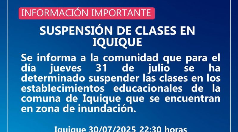 Suspensión Parcial de Clases en Iquique en establecimientos de zonas inundables