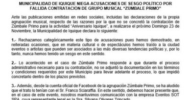 MUNICIPALIDAD DE IQUIQUE NIEGA ACUSACIONES DE SESGO POLÍTICO POR FALLIDA CONTRATACIÓN DE GRUPO MUSICAL “ZÚMBALE PRIMO”