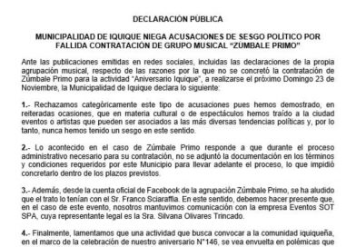 MUNICIPALIDAD DE IQUIQUE NIEGA ACUSACIONES DE SESGO POLÍTICO POR FALLIDA CONTRATACIÓN DE GRUPO MUSICAL “ZÚMBALE PRIMO”