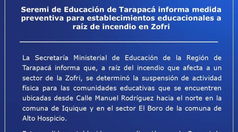 Medida preventiva en establecimientos educacionales por incendio en Zofri Medida preventiva en establecimientos educacionales por incendio en Zofri
