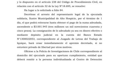 Poder Judicial decrea arresto de representante legal de Municipalidad de Alto Hospicio por deuda laboral