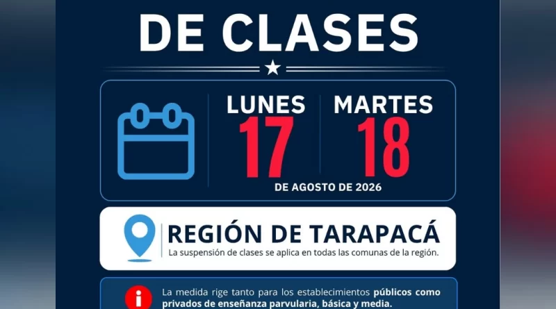 Tarapacá suspende clases los días 17 y 18 de agosto por contingencia climática Tarapacá suspende clases los días 17 y 18 de agosto por contingencia climática